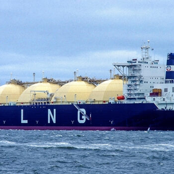 LNG Carrier Mraweh, sailing down the river Elbe near Cuxhaven, Germany.