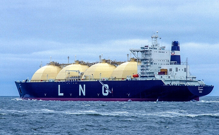 LNG Carrier Mraweh, sailing down the river Elbe near Cuxhaven, Germany.